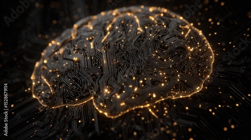 Stylized AI brain, intricate circuitry, glowing synapses, neural network pattern, representing artificial intelligence, machine learning, and computational thought, sci-fi aesthetic, dark background.