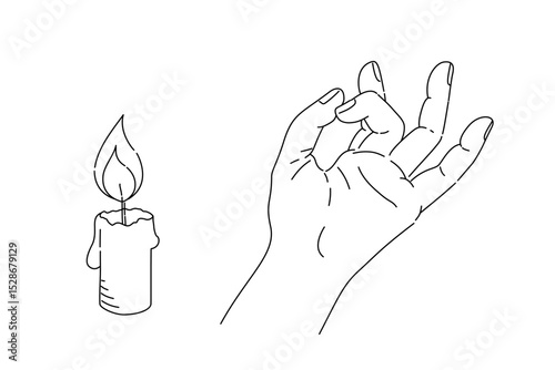 Candle and human hand meditation gesture minimalist line drawing set.