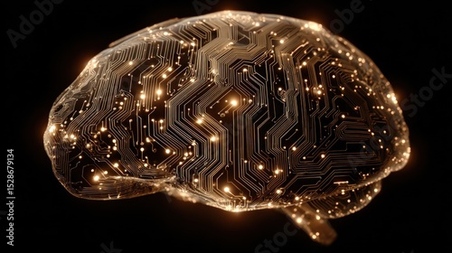 Stylized AI brain, intricate circuitry, glowing synapses, neural network pattern, representing artificial intelligence, machine learning, and computational thought, sci-fi aesthetic, dark background.