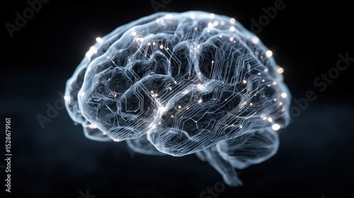 Stylized AI brain, intricate circuitry, glowing synapses, neural network pattern, representing artificial intelligence, machine learning, and computational thought, sci-fi aesthetic, dark background.