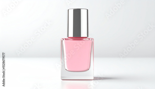 A sleek glass nail polish bottle with a silver cap, filled with a soft pink shade, set against a minimalistic white background