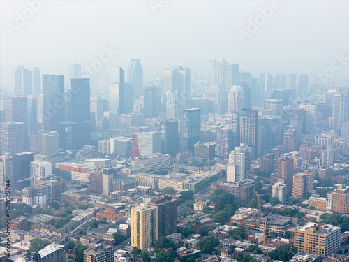 Heavy smog in Montreal downtown because of wildfire and industrial pollution, Quebec, Canada