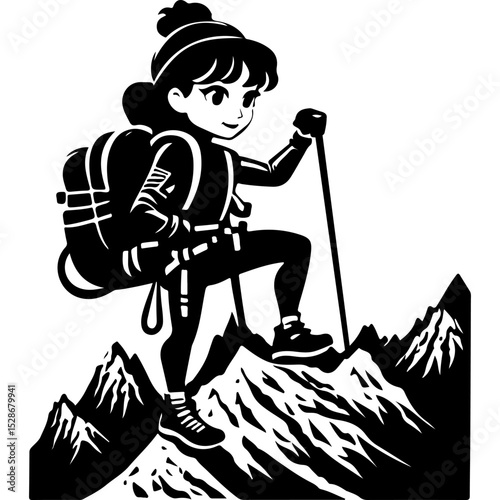 Sketchy sport emblem of girl tourist admires mountain passes standing on top in monochrome. Engraving minimalistic vector in black ink drawing on transparent background