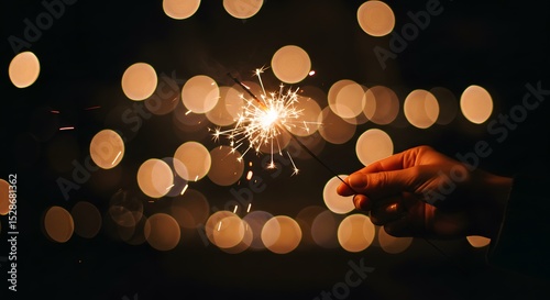 Hand holding sparkler with bokeh lights background.