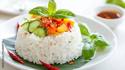 Plated rice dish with vibrant vegetables, chili flakes, and a small dipping sauce bowl