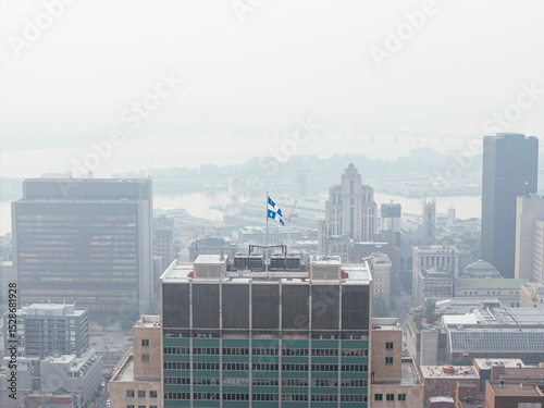 Heavy smog in Montreal downtown because of wildfire and industrial pollution, Quebec, Canada