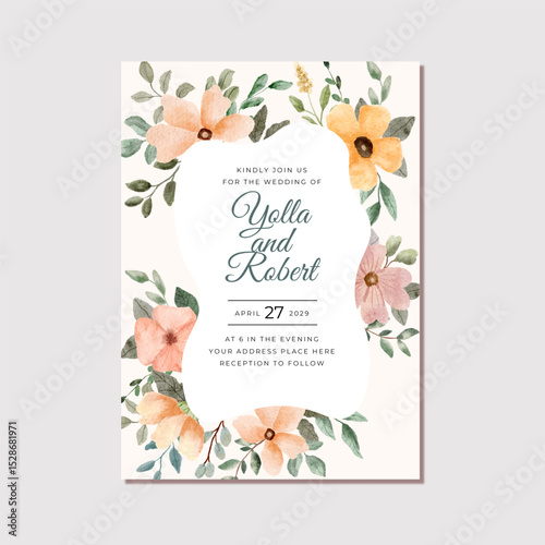 wedding invitation card with pink yellow floral watercolor