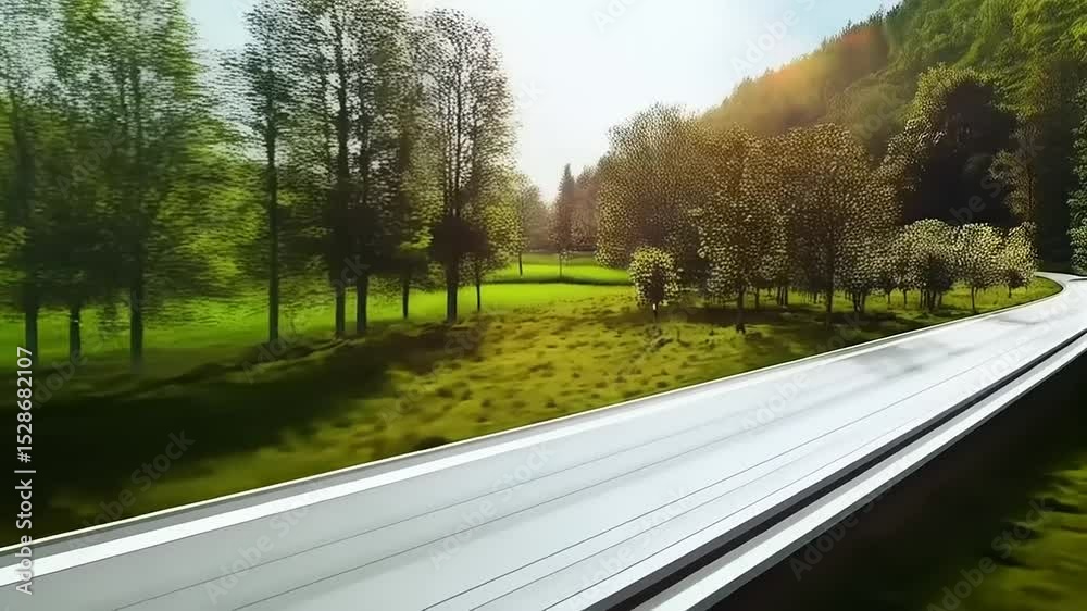 A Hyperloop Filled with Fresh Food Traveling next to a Yellow Car Along a Picturesque Road