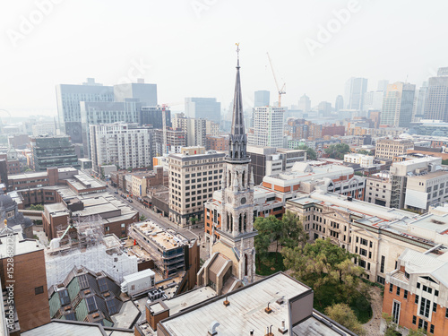 Heavy smog in Montreal downtown because of wildfire and industrial pollution, Quebec, Canada