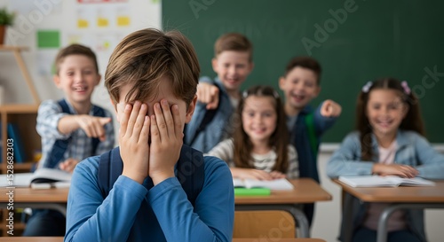 Boy Bullied by Classmates in Classroom School Bullying Scene with Upset Child and Laughing Peers Bullying Incident Captured in a School Environment