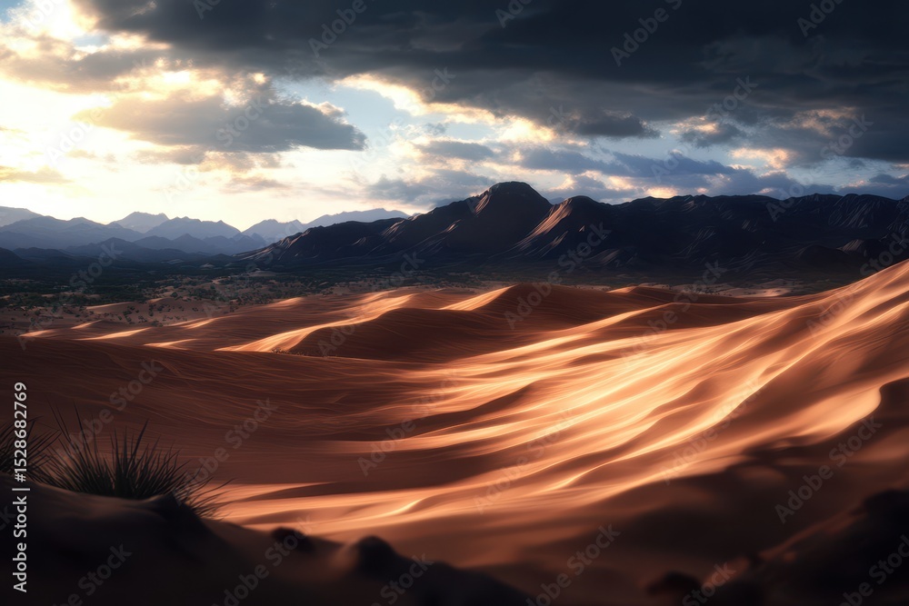 Naklejka premium Serene Desert Landscape at Dusk with Gentle Sand Dunes and Dramatic Cloud Patterns Illuminated by Soft Sunset Light