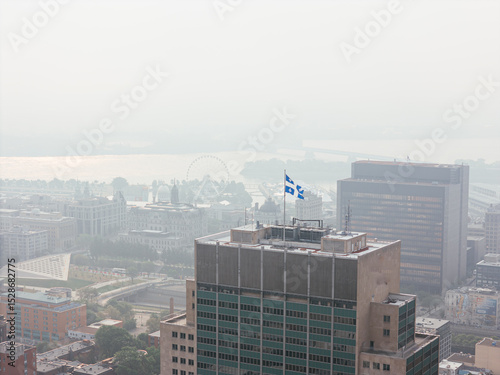 Heavy smog in Montreal downtown because of wildfire and industrial pollution, Quebec, Canada