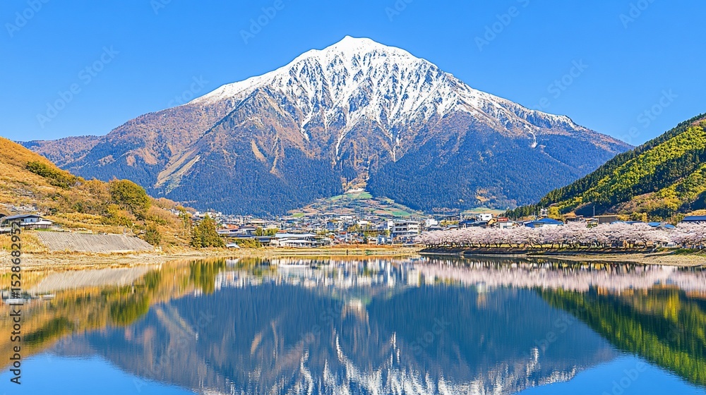 Obraz premium Spring mountain lake reflection, cherry blossoms, village