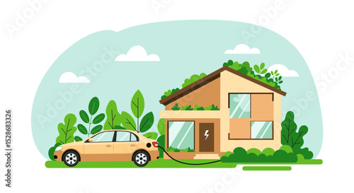 Electric car charging at eco-friendly home surrounded by greenery  