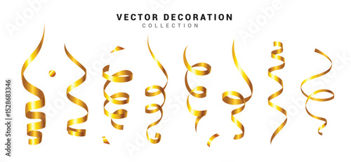 Ribbon confetti gold elements clipart set. Birthday element decoration clip art in twisted, curly, silk, swirl, yellow and metallic ornament collection vector illustration. 
