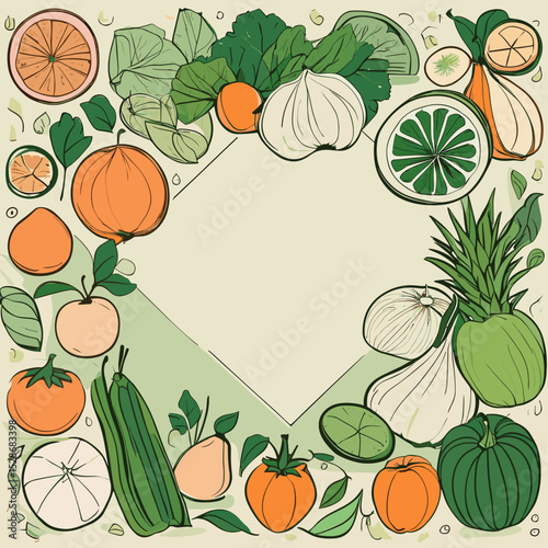 Colorful fruit and vegetable frame illustration with green accents  