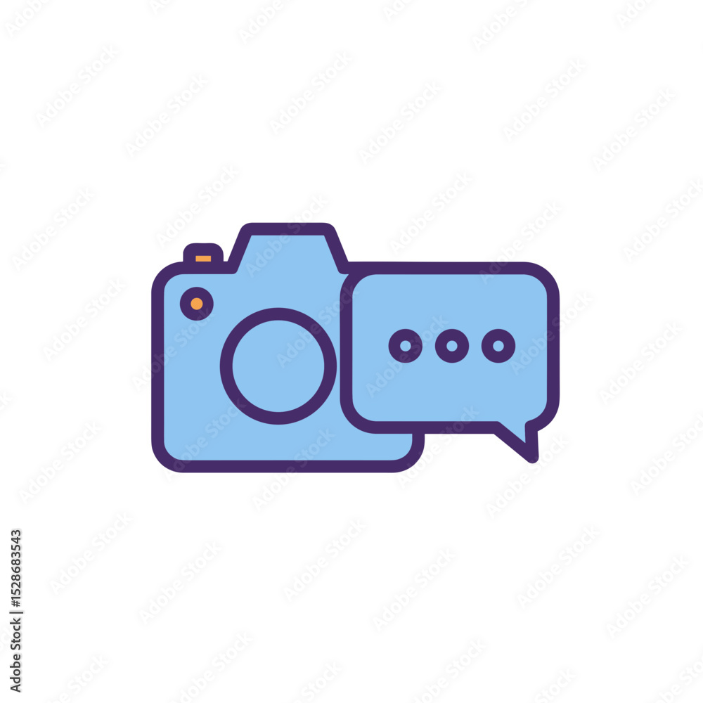 Icon of camera with speech bubble in blue and purple design Icon of camera with speech bubble in blue and purple design