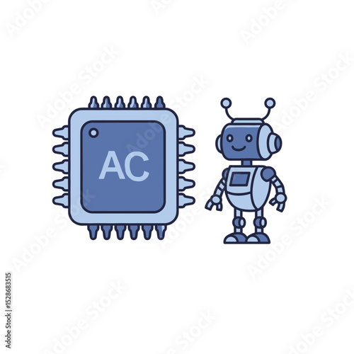 Cartoon robot standing next to a computer chip in blue colors  