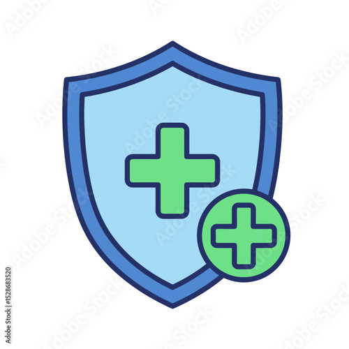 Health insurance shield symbol with medical cross in green and blue  