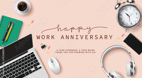 Happy work anniversary clipart design. Company greeting template clip art with laptop, headphone, clock and mouse office elements for invitation and appreciation card background vector illustration. 
