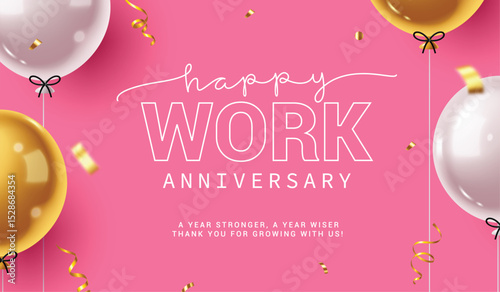 Happy work anniversary pink clipart background. Company greeting celebration card with balloons decoration elements in pink clip art template vector illustration. 
