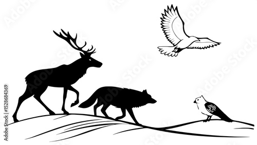 Minimalist wildlife trio silhouette: a caribou, an arctic fox, and a snowy owl, shown in flat black against a white tundra background. Caribou stands still, arctic fox walks leftward, snowy owl soars 