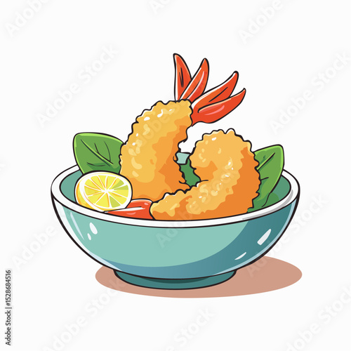 Crispy Tempura Shrimp Delight: A pair of golden-fried tempura shrimp, nestled in a bowl with fresh lemon and vibrant green leaves, offering a tempting glimpse of culinary artistry.