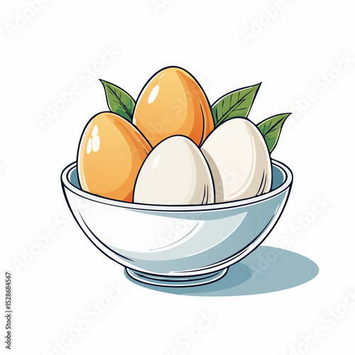 Eggs in Bowl: Three fresh eggs, two brown and one white, nestled in a simple white bowl, adorned with vibrant green leaves. This illustration evokes feelings of freshness, health and wholesome food. 