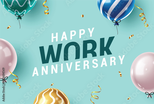 Happy work anniversary clipart design. Company work celebration of success invitation card template with balloons elements clip art decoration in green background vector illustration.  
