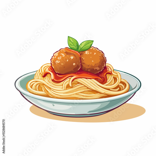 Spaghetti with Meatballs: A delicious plate of spaghetti topped with two juicy meatballs and a rich tomato sauce, garnished with fresh basil.