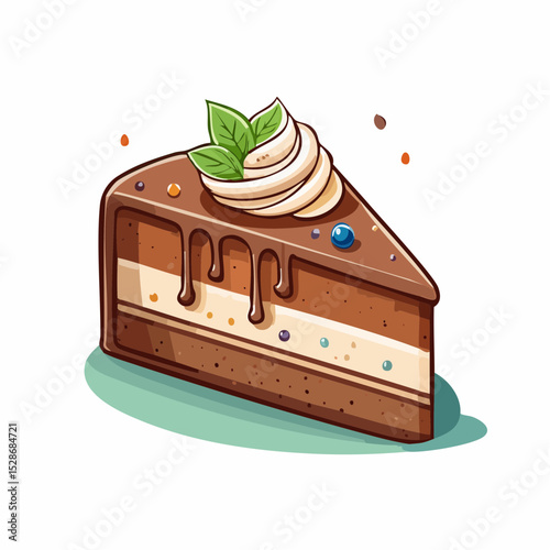 Sweet Slice: A tempting triangular slice of rich, chocolate cake is a visual delight. Adorned with creamy frosting, delicate sprinkles, and a sprig of fresh mint.