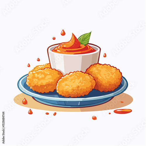 Chicken Nugget Delight: A colorful illustration showcases a plate of golden, crispy chicken nuggets accompanied by a small bowl of dipping sauce, fresh herb leaf, embodying the comfort food.