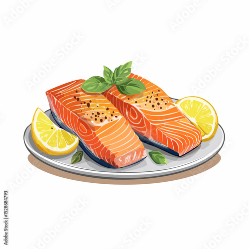 Salmon Delight: A mouthwatering illustration showcases two perfectly cooked salmon fillets, garnished with fresh basil and zesty lemon wedges, arranged artfully on a pristine plate.