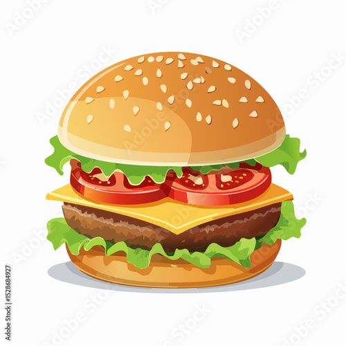 Delightful Burger Illustration: A meticulously crafted digital illustration showcasing a mouthwatering burger, complete with sesame seed bun, juicy patty, fresh lettuce, ripe tomatoes.