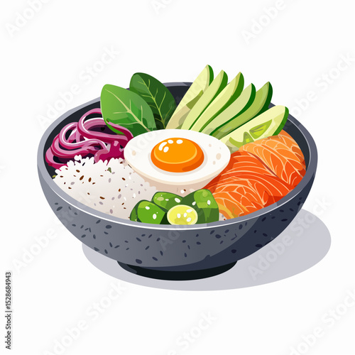 Poke Bowl with Egg: Vibrant poke bowl, egg centered, a mix of fresh ingredients, including salmon, rice, avocado, and seaweed.