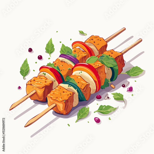 Grilled Skewers: Capturing the mouthwatering allure of delicious grilled skewers, a symphony of fresh ingredients and vibrant colors, enticing food photography.