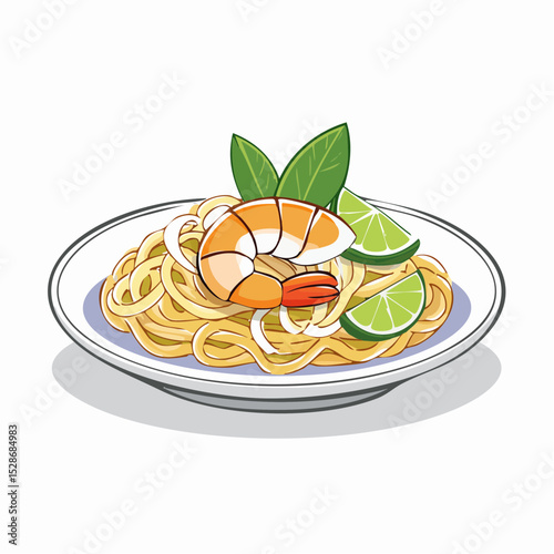 Culinary Creation: Artistic depiction of a delightful dish, featuring perfectly cooked noodles adorned with a succulent prawn, a splash of zesty lime, and aromatic basil leaves.