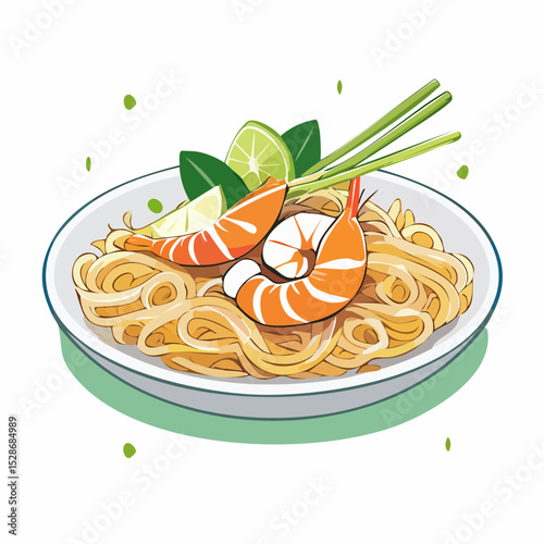 Pad Thai Noodles with Shrimp and Lime: An vibrant illustration presents a serving of Pad Thai, featuring shrimp and zesty lime slices, inviting viewers to taste this culinary delight.