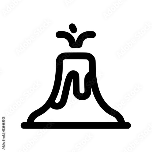 A stylized, black and white line drawing of a volcano erupting with lava flowing down its sides.