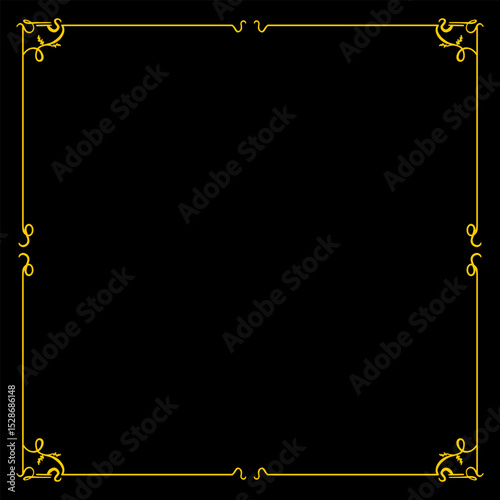 A minimalist gold vector frame featuring simple yet elegant scroll-like accents at each corner, creating a refined and clean border on a black background