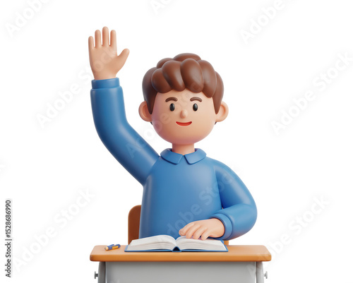 Cartoon Boy Raising Hand Sitting at Desk with Open Book in Classroom