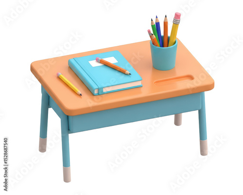 Colorful Children's Desk with Pencils Notebook and Cup in Bright Playroom