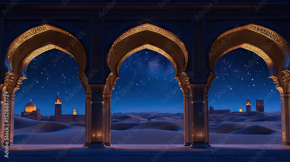 Fototapeta premium A nocturnal desert landscape viewed through ornate arches.