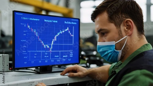 Technician analyzing stock market data on computer in factory