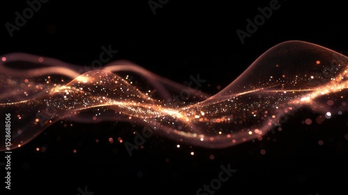 Abstract wave of golden particles on a black background.