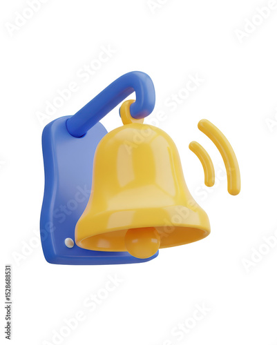 Colorful Yellow Bell Alarm with Blue Mount and Sound Waves on White Background