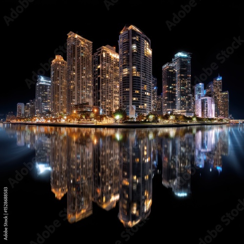 Cityscape at night with building reflections for travel, tourism, and real estate