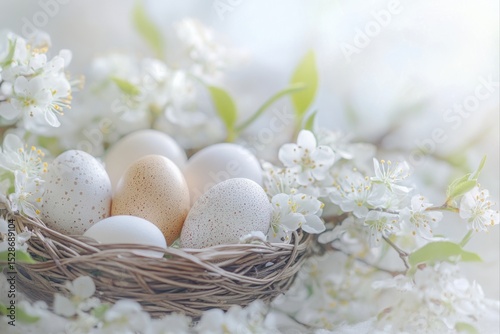 Easter eggs in a nest with white flowers, holiday celebration use cases