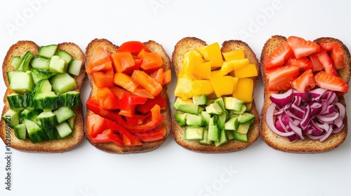 Toast slices topped with mashed avocado and a rainbow of fresh, healthy toppings
