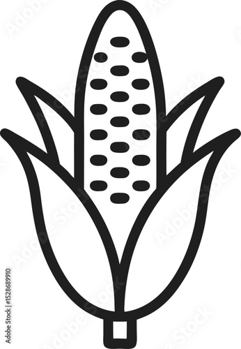 Corn cob vector icon set with husk, peeled and shucked ears. Adjustable stroke weight line illustration. Maize icons with detailed kernels, farm fresh crop harvest, outline, graphic, symbol, design.